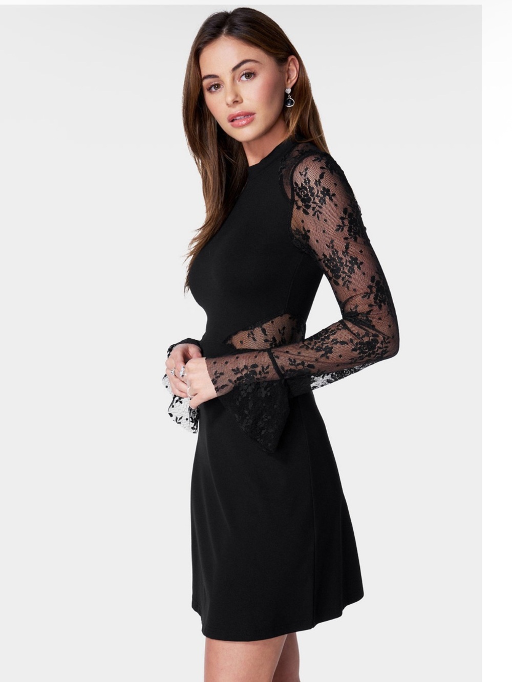 NWT Bebe Lace Bell Sleeve Cutout Panel Long Sleeve Mini Dress Medium